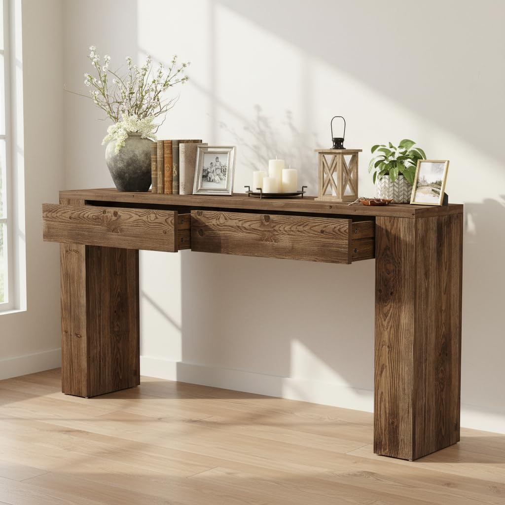 LITTLE TREE Solid Wood 63 Inches Console Table with 2 Drawers, Vintage Brown Sofa Table Behind Couch for Living Room, Long Hallway Foyer Entryway Table for Entrance