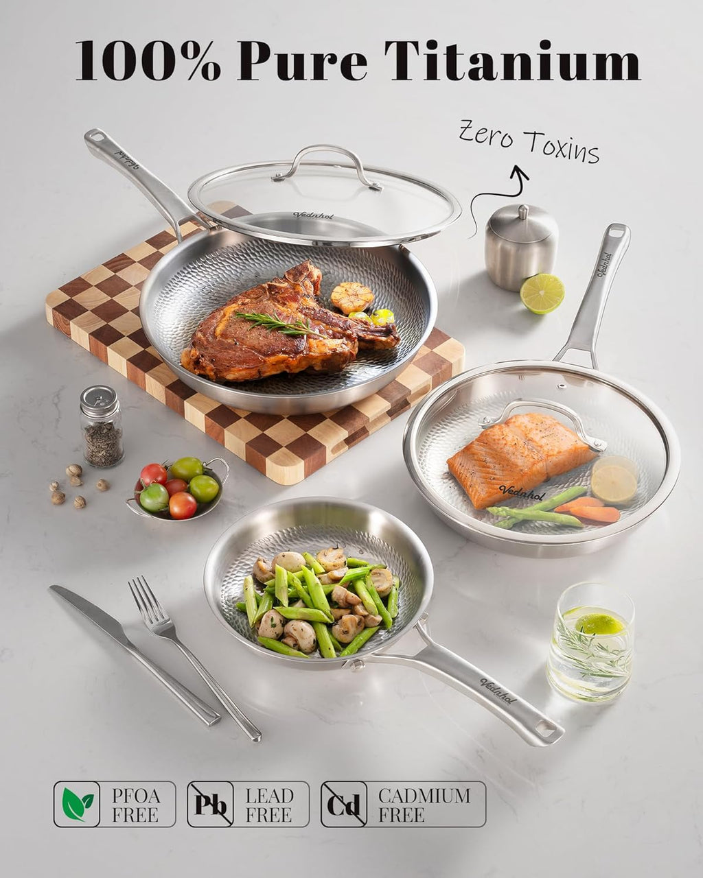 Titanium Au Gratin Pans Set 8/10/12 Inch, Pure Titanium Hammered Frying Pans with 2 Lids, Non-Toxic Skillet Cookware, PFAS/PFOA/PTFE Free, Dishwasher & Oven Safe, Induction Compatible
