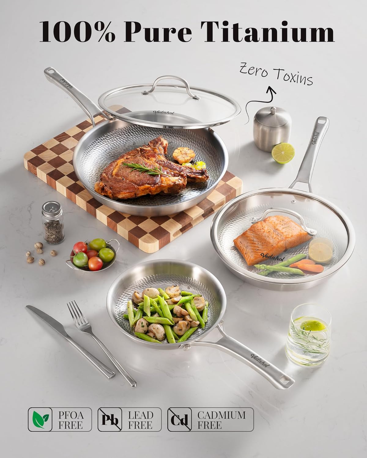 Titanium Au Gratin Pans Set 8/10/12 Inch, Pure Titanium Hammered Frying Pans with 2 Lids, Non-Toxic Skillet Cookware, PFAS/PFOA/PTFE Free, Dishwasher & Oven Safe, Induction Compatible