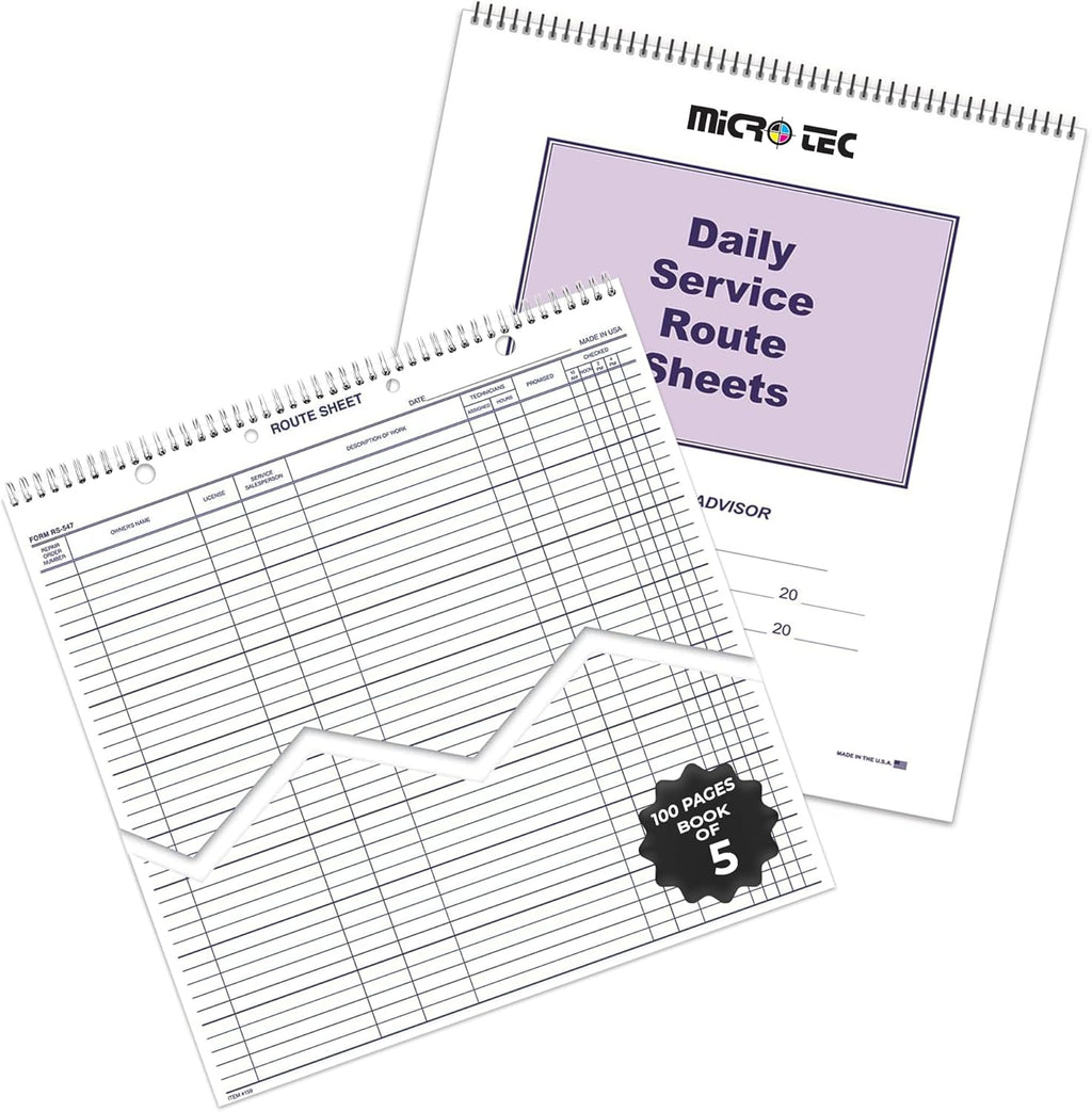 MICRO TEC Daily Service Route Sheets – 12" x 15" Daily Schedule & Appointment Sheets – Spiral Bound Route Planner on 100# Tag Stock Paper – Blue Ink Print – 100 Pages/Book (Book of 5)