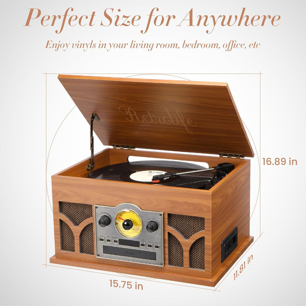 10-in-1 Record Player with Built-in Speakers Wireless Playback, CD & Cassette Player, USB Player, AM/FM Radio, 3 Speeds Turntable Vinyl Record Player Mahogany