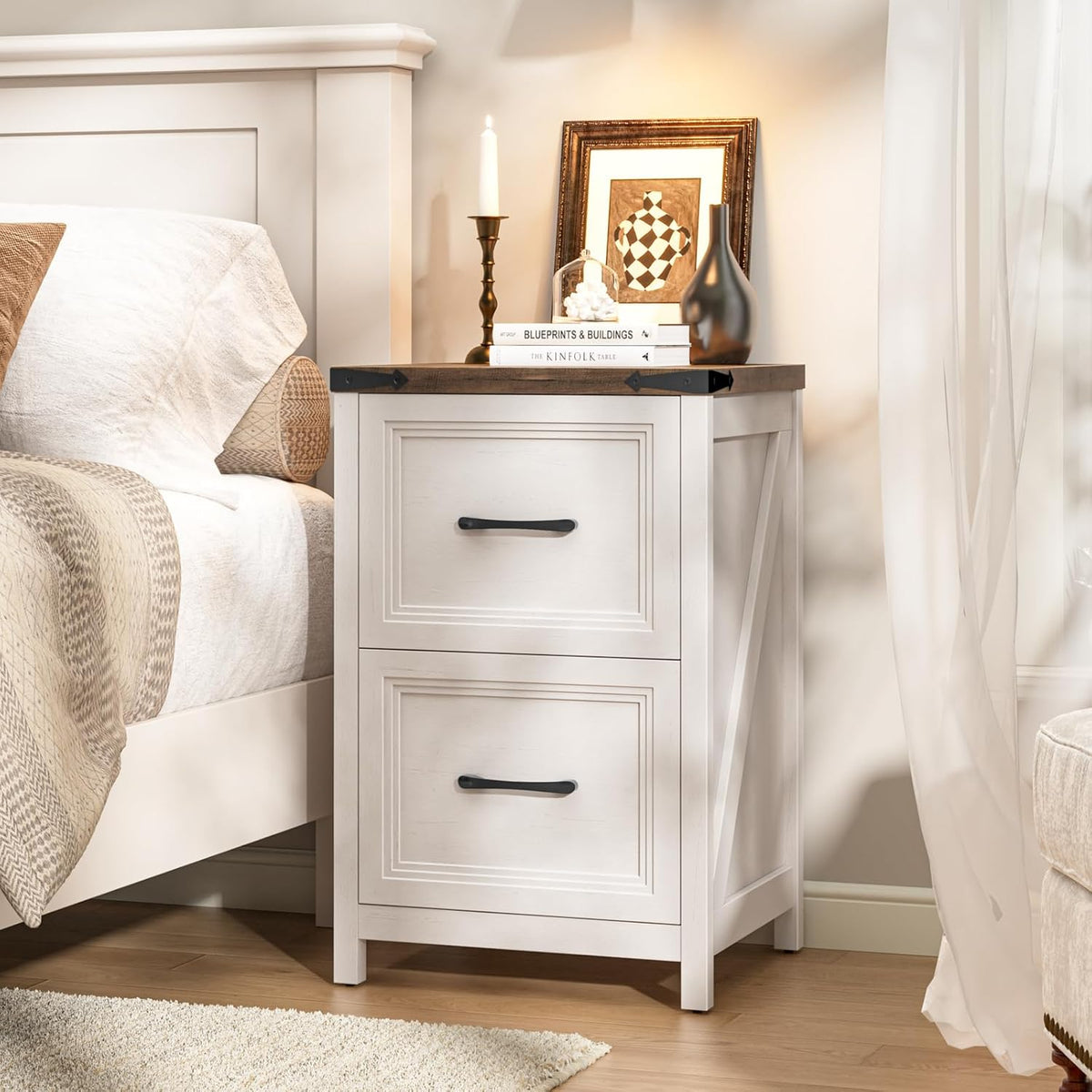Vabches 2 Drawer Vertical File Cabinet, Wood Farmhouse Filing Cabinet Fits A4/Letter Size, Under Desk Small File Cabinets Printer Stand with Storage for Home Office, White and Brown
