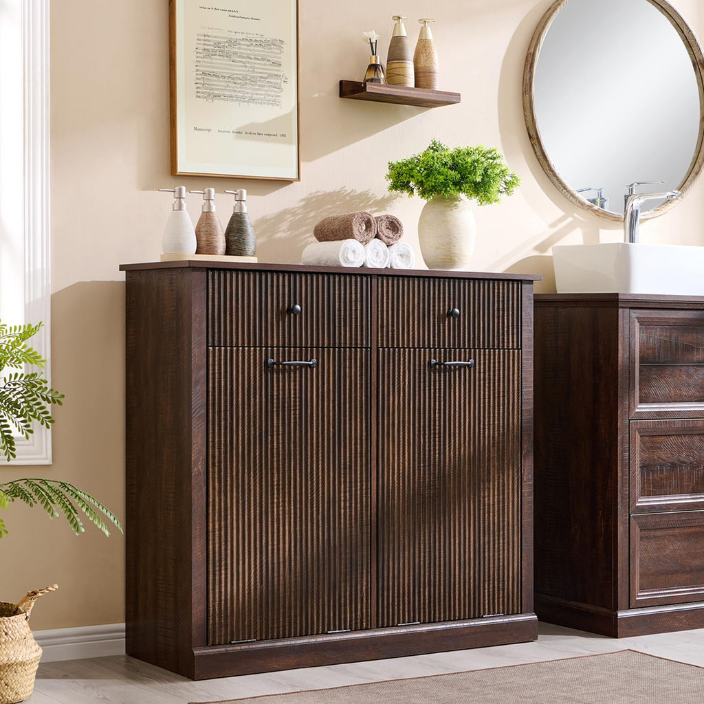 IFBUY Modern Double Tilt-Out Laundry Hamper Cabinet, 20 Gallon Fluted Trash Can Cabinet w/2 Drawers, Wooden Hidden Garbage Can Cabinets w/Laundry Basket, Free Standing for Bathroom and Kitchen, Brown