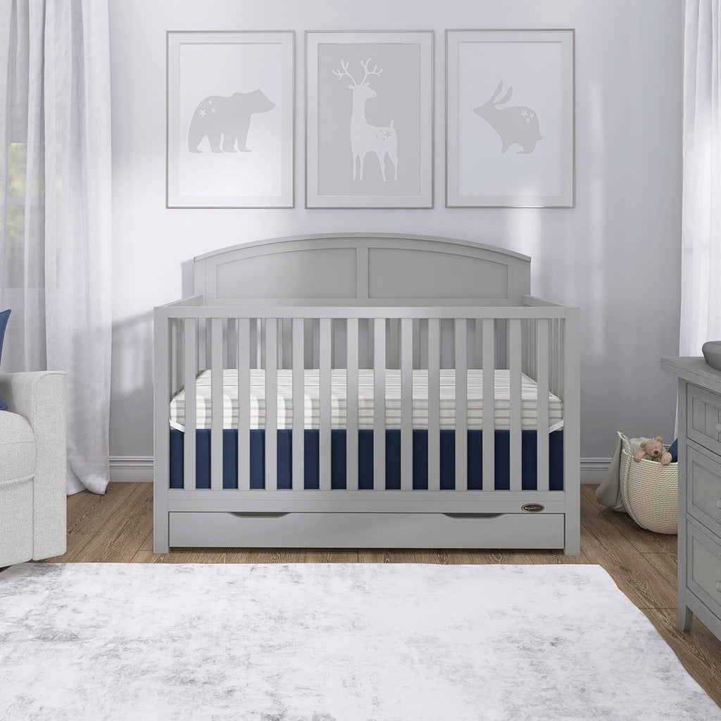 Dream On Me Storybrooke 5-in-1 Convertible Full-Size Crib with Under Drawer, Pebble Grey, GreenGuard Gold & BSA, Convert to Toddler, Day & Full-Size Bed, 3 Mattress Heights, Sustainable Pinewood