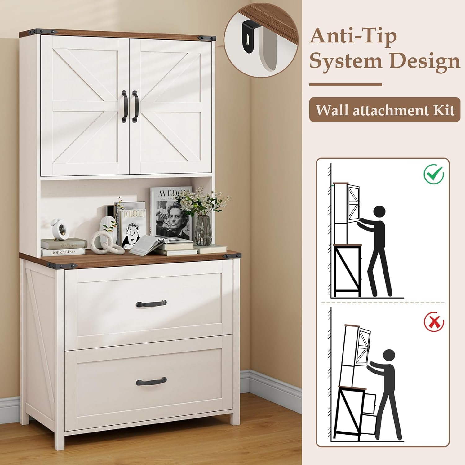 Halitaa Farmhouse 2 Drawer Lateral File Cabinet, Hanging File Storage for Legal/Letter/A4 Size, Adjustable Shelves, Printer Stand with Bookshelf, Rustic White Wood Cabinet for Home Office