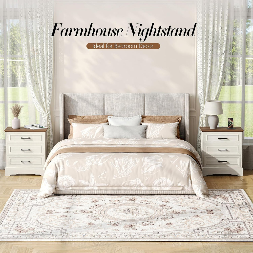Akxomel Farmhouse Nightstand with Charging Station, 22" Wide Bedside Table with 3 Large Drawers & Bar Handles, Side End Table with Stable Support Base, for Bedroom, Off White