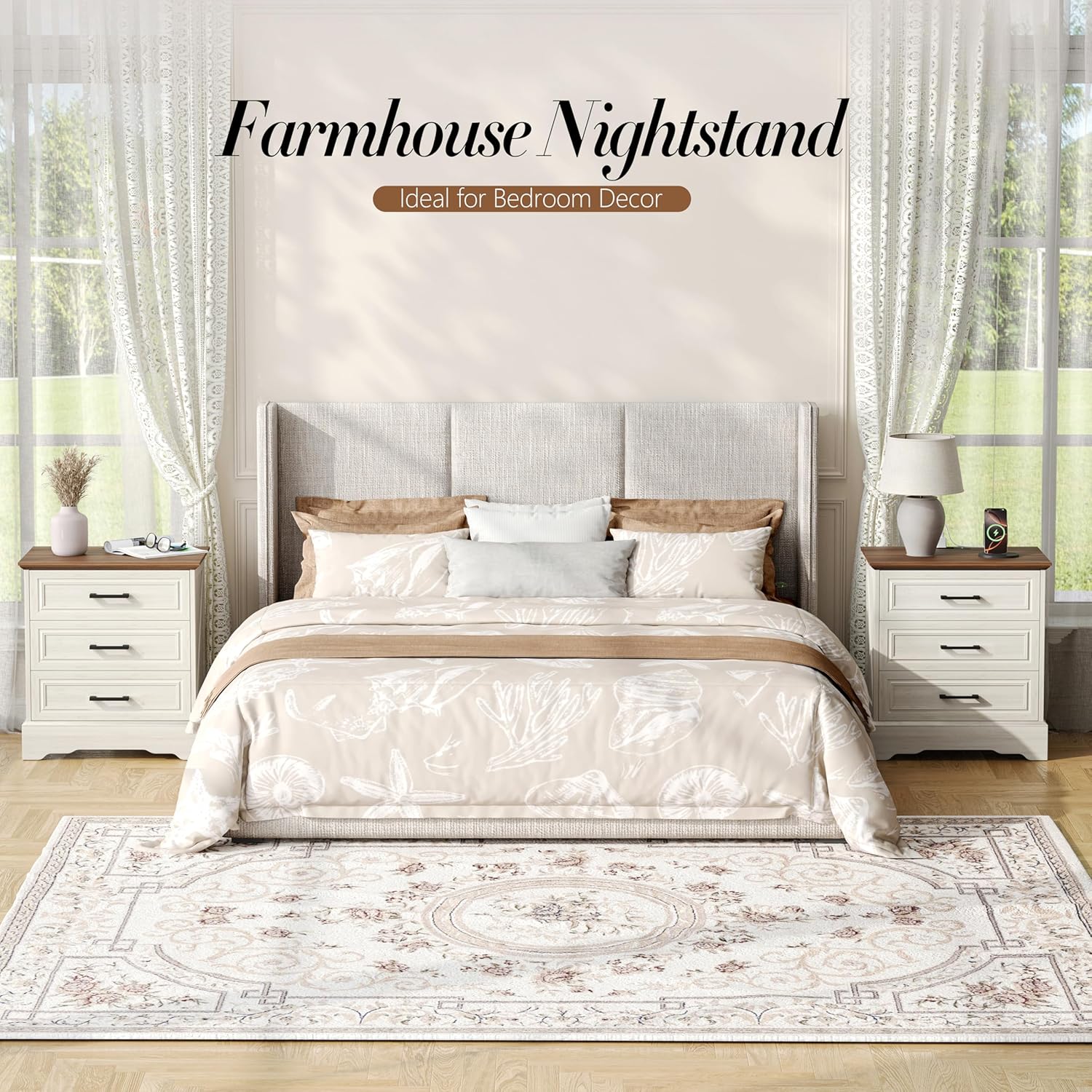 Akxomel Farmhouse Nightstand with Charging Station, 22" Wide Bedside Table with 3 Large Drawers & Bar Handles, Side End Table with Stable Support Base, for Bedroom, Off White