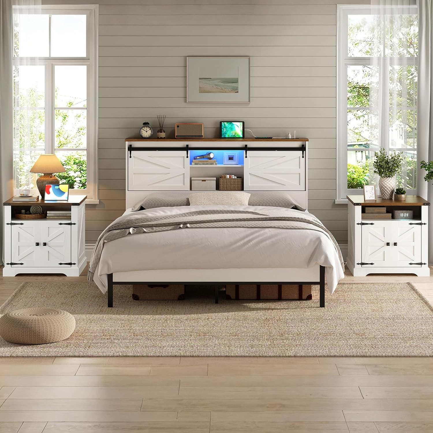 HOOBRO Farmhouse End Tables Set of 2 with Charging Station, 23.6" Large End Table for Living Room, Sofa Side Table with Barn Door, Wooden Square Nightstand Bedside Table, White and Walnut WH601UBZP201