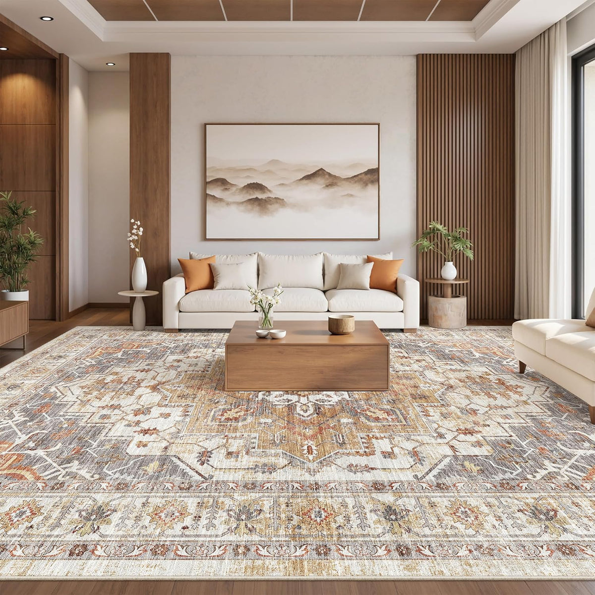 befbee 10x14 Area Rugs,Ultra-Thin Washable Rugs for Living Room,Non-Slip Lightweight Foldable Area Rug,Stain Resistant Vintage Large Rugs (Turmeric/Grey, 10'x14')