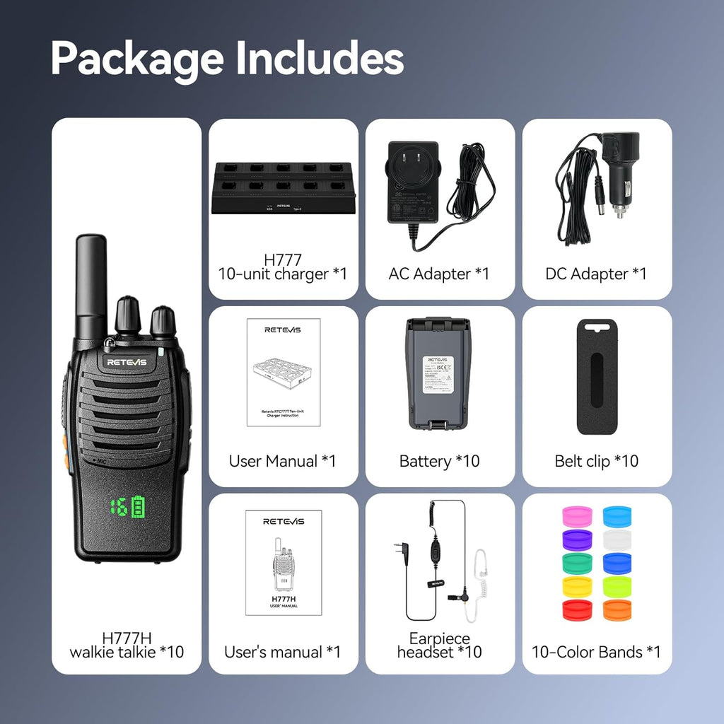 Retevis H-777H 2 Way Radio,Walkie Talkies for Adults 10 Pack with 10 Way Multi Charger,Hidden Display,Charging Progress Visible,Compact, Handheld Two Way Radios Rechargeable for Event Security