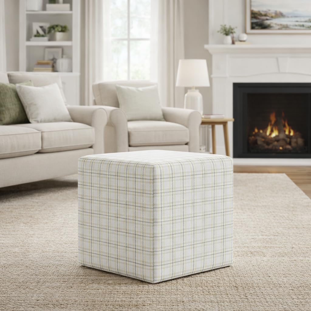 HomePop 19” Square Upholstered Ottoman with Solid & Engineered Wood Frame, Modern Cube Accent Stool for Living Room, Bedroom or Entryway - Natural Plaid Woven Fabric