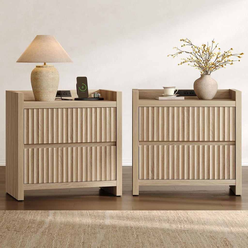 SICOTAS Night Stands Set of 2-Fluted Nightstands with Charging Station- Large Nightstand Bedside Table End Table with 2 Drawers, 25" Tall Mid Century Modern Night Stand for Bedroom, Sofa Side