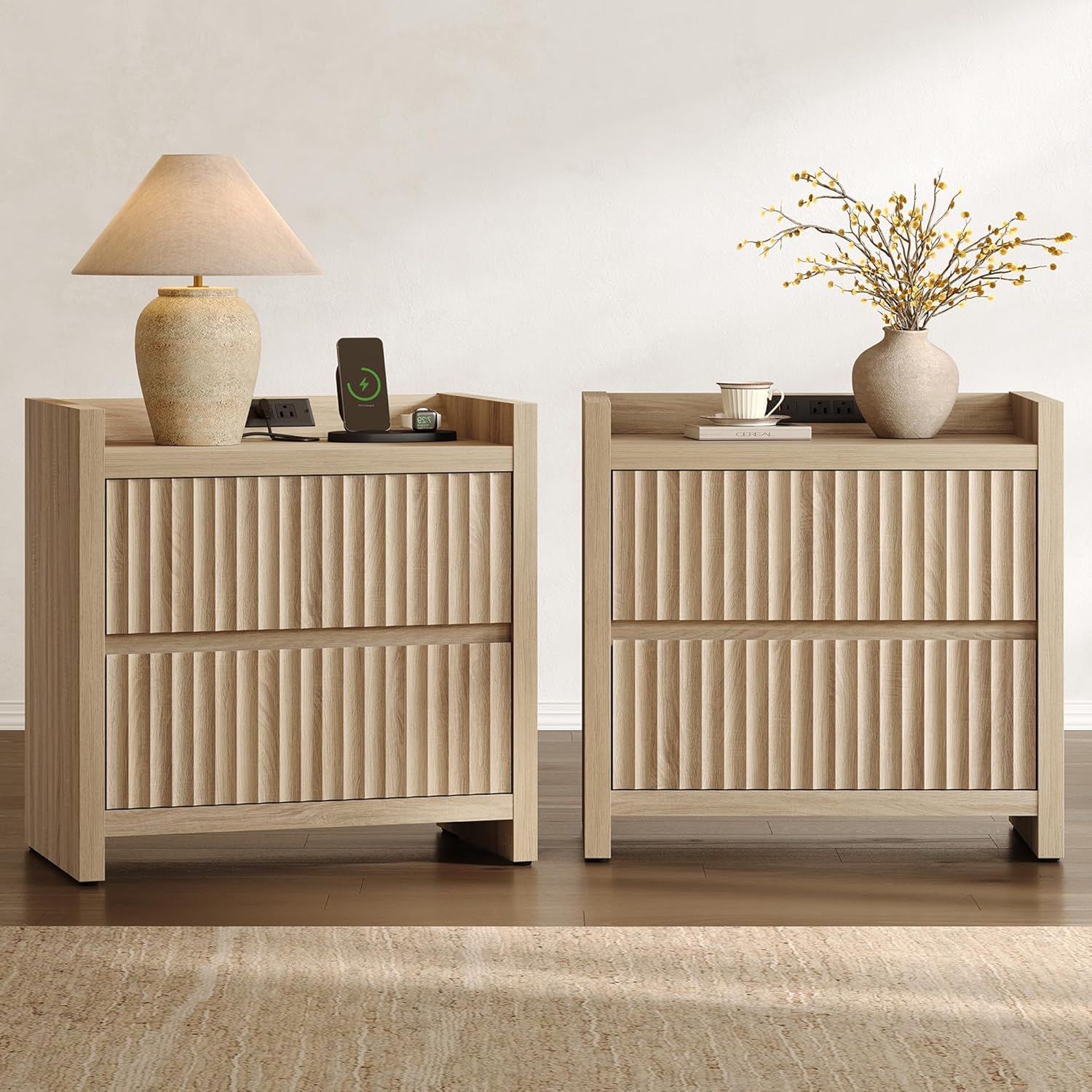 SICOTAS Night Stands Set of 2-Fluted Nightstands with Charging Station- Large Nightstand Bedside Table End Table with 2 Drawers, 25" Tall Mid Century Modern Night Stand for Bedroom, Sofa Side
