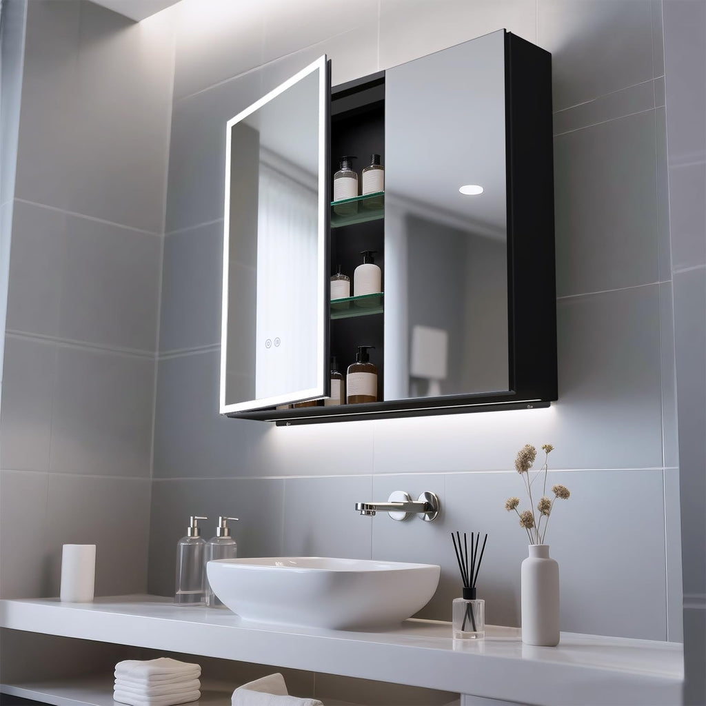 Lighted Medicine Cabinet with Mirror, 30 x 28 inch LED Bathroom Mirror Cabinet with Anti-Fog, Dimmable 3 Colors Front & Bottom Light, Buit-in Sockets & USBs, 2 Shelves, No Assembly Required