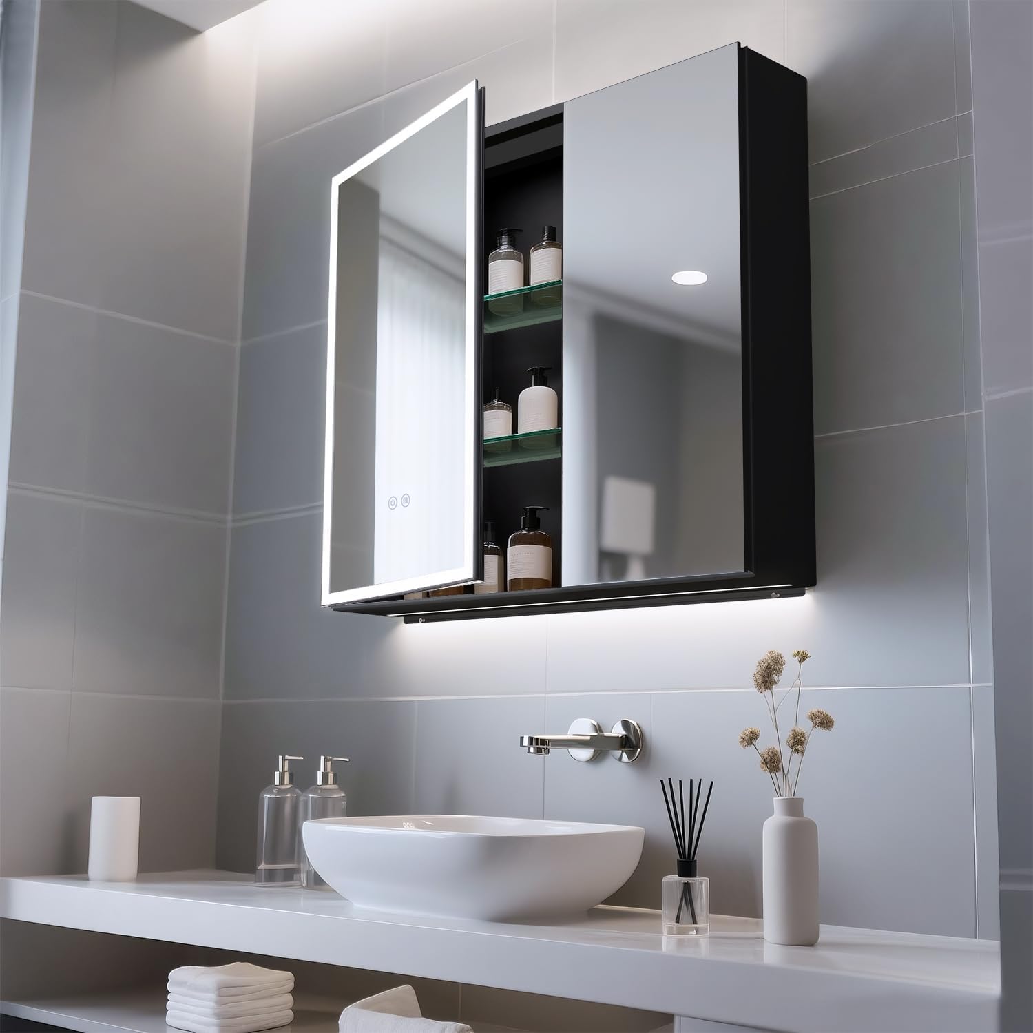 Lighted Medicine Cabinet with Mirror, 30 x 28 inch LED Bathroom Mirror Cabinet with Anti-Fog, Dimmable 3 Colors Front & Bottom Light, Buit-in Sockets & USBs, 2 Shelves, No Assembly Required