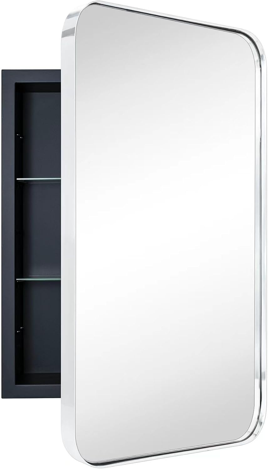 Chrome Rectangle Recessed Bathroom Medicine Cabinet with Mirror Stainless Steel Metal Framed Rounded Rectangular Bathroom Cabinet with Mirror 16x24''