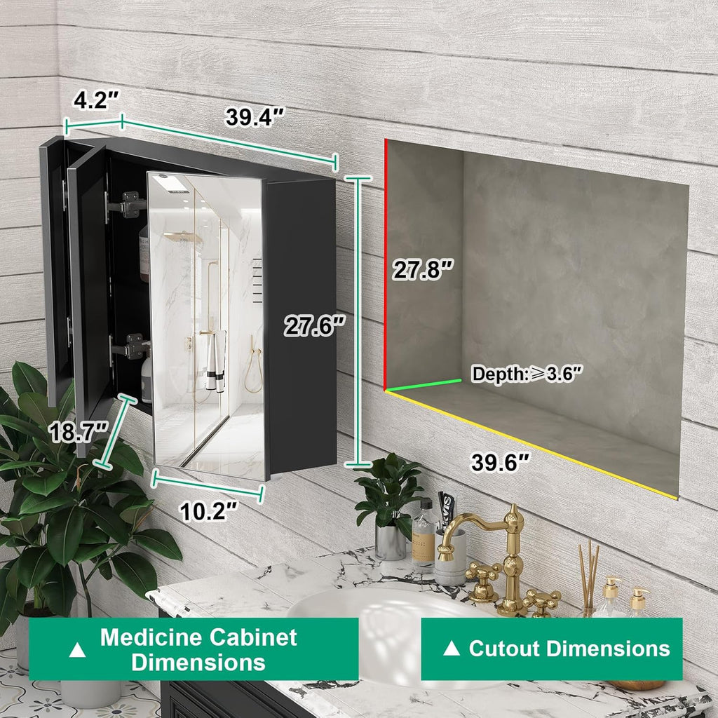 40 x 28 Farmhouse Medicine Cabinet, Tempered Frameless Bathroom Mirror with Storage, Black Recessed or Surface Mount Aluminum Medicine Cabinet for Bathroom Modern-Large