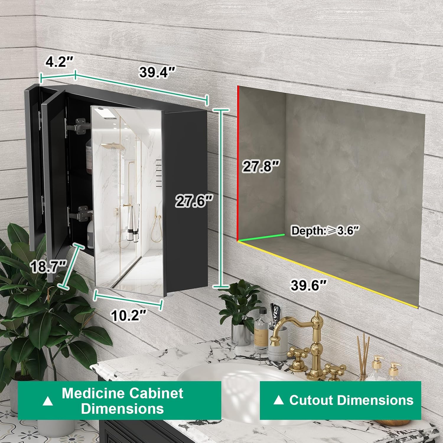 40 x 28 Farmhouse Medicine Cabinet, Tempered Frameless Bathroom Mirror with Storage, Black Recessed or Surface Mount Aluminum Medicine Cabinet for Bathroom Modern-Large