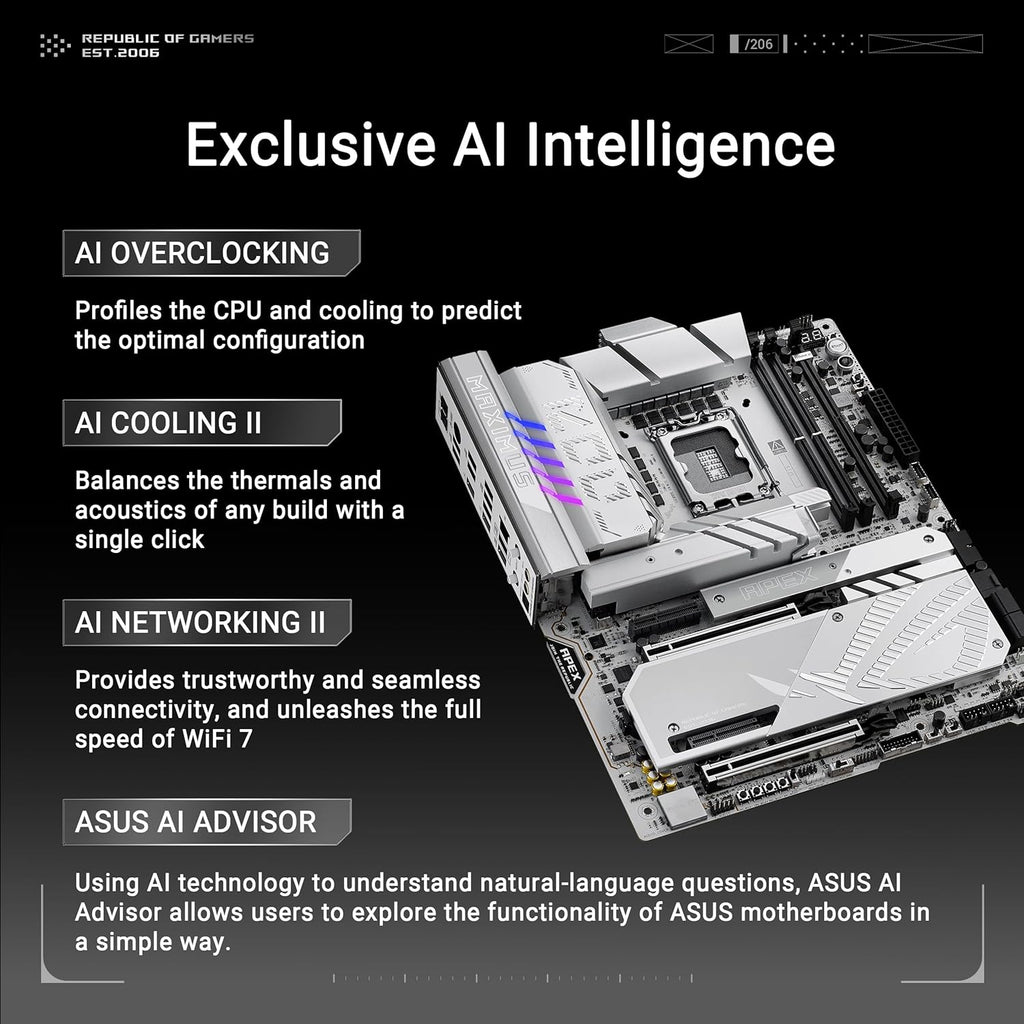 ASUS Intel ROG Maximus Z890 Apex ATX Motherboard, 22+1+2+2 Power Stages,DDR5 Slots, PCIe 5.0 with Full Support for Next-gen GPUs, six M.2 Slots, WiFi 7, AI Overclocking, PCIe Slot Q-Release Slim