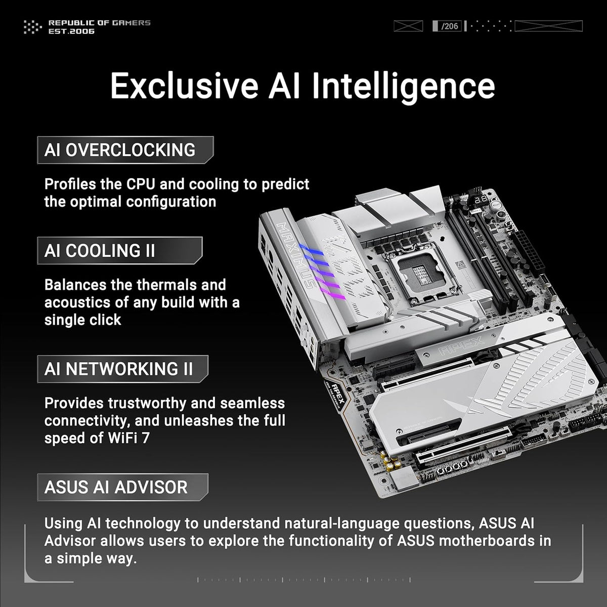 ASUS Intel ROG Maximus Z890 Apex ATX Motherboard, 22+1+2+2 Power Stages,DDR5 Slots, PCIe 5.0 with Full Support for Next-gen GPUs, six M.2 Slots, WiFi 7, AI Overclocking, PCIe Slot Q-Release Slim