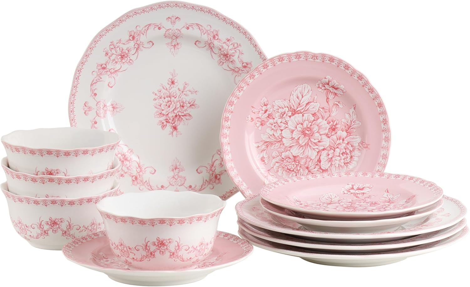 222 Fifth Genevieve 12-Piece Pink Porcelain Dinnerware Set | Microwave and Dishwasher Safe Big Dinner Plates and Bowls Sets for 4 | Chip-Resistant Blush Ceramic | Gifts for Housewarming & Wedding