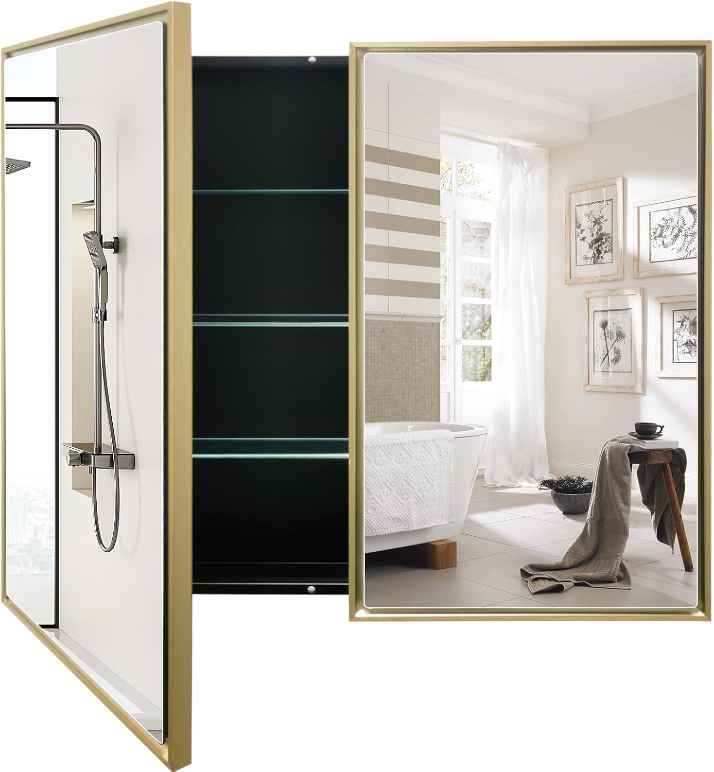 Medicine Cabinet, 36"x32" Aluminum Framed Double Door Bathroom Mirror Cabinet, Surface or Recessed Mount, Vanity Mirror with Storage, Soft Close Hinges, Detachable Glass Shelves for Bathroom