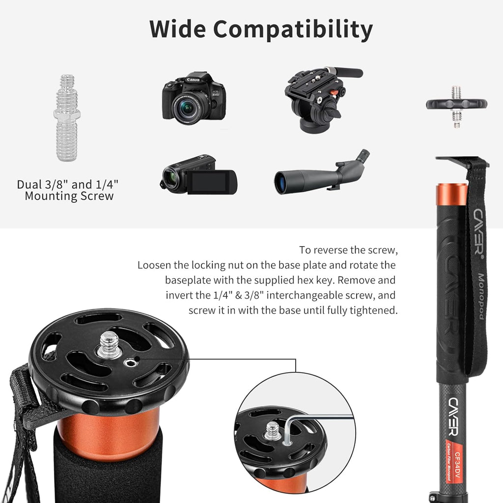 Cayer FP34 Monopod with Feet, 71 inch Aluminum Telescopic Camera Monopod with Fluid Head and 3-Leg Tripod Base for DSLR Video Cameras Camcorders, Supporting up to 13.2 lbs