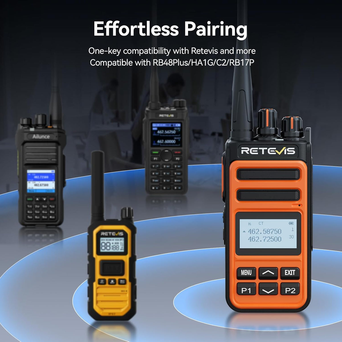Retevis MateTalk C6B GMRS 2 Way Radio Long Range,Fast Charging Walkie Talkies Rechargeable with Earpieces,NOAA,LCD Screen,Type-C,1500mAh,Easy Pairing,Rugged Two Way Radio for Security Job site(4 Pack)