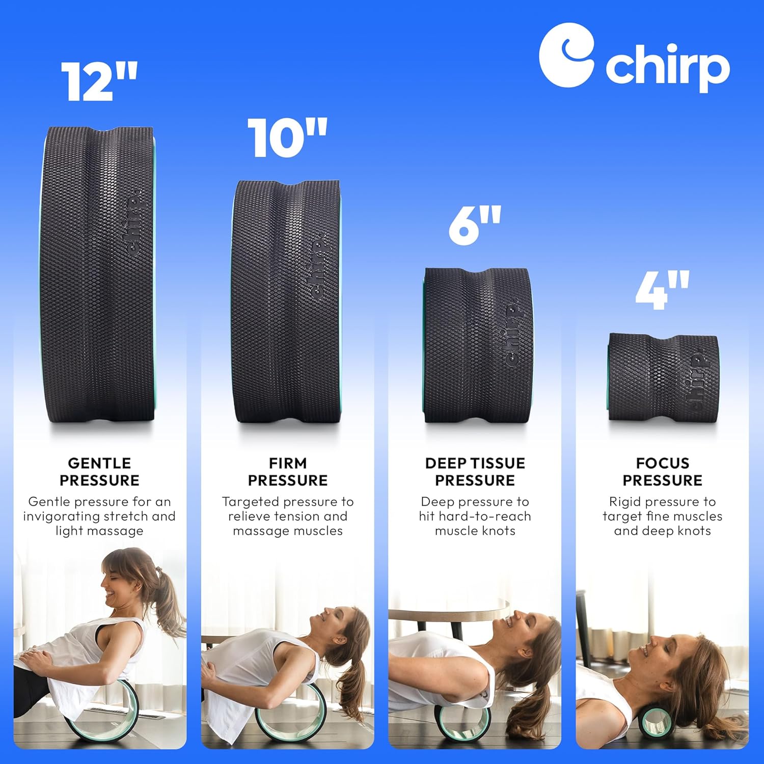 Chirp - Ultimate Back + Neck Bundle | 4-Pack Wheel Foam Roller Set for Back & Neck Pain Relief, Posture Corrector for Alignment & Support, 500lb Capacity, Includes Carrying Case, Mint