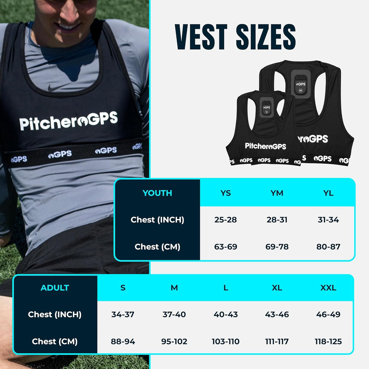 PitcheroGPS Soccer Tracker & Vest - Tracks 18 Key Performance Metrics - Includes 60 Days Subscription. Soccer Training Equipment for Performance & Fitness Tracking (Adult Small)