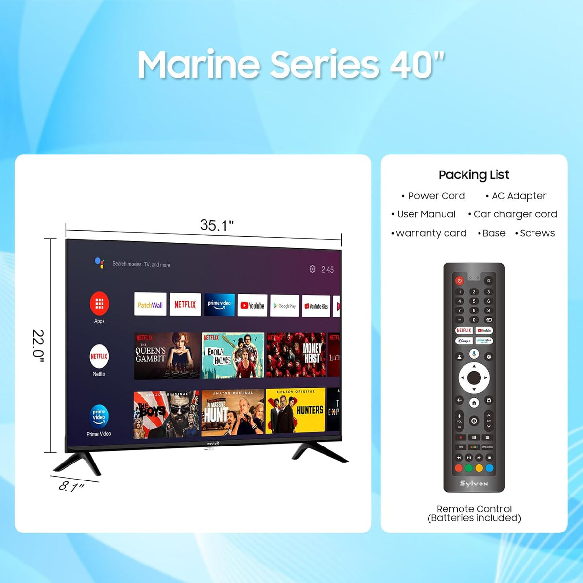 SYLVOX 12 Volt TV, 40" Smart Television 1080P with Google OS Support Voice Remote Screencast ATSC NTSC WiFi Bluetooth HDMI USB, AC/DC Powered, 12V TV for RV Camper Boat Coastal Home (Marine Series)
