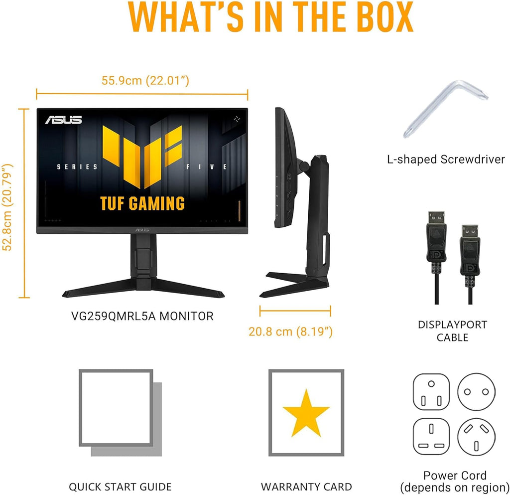 ASUS TUF Gaming Series 5 24.5” 1080P Gaming Monitor (VG259QMRL5A) - Full HD, Fast-IPS Panel, 310Hz, 0.3ms, DisplayHDR400, 99% sRGB, Height Adjustable, DisplayWidget, Gaming AI, 3 yr Warranty