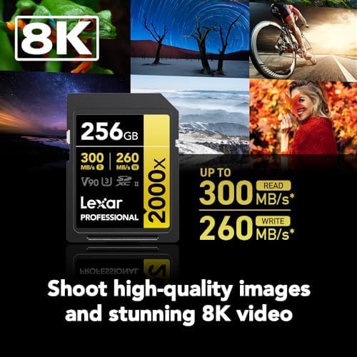 Lexar 256GB Professional 2000x SD Card, UHS-II, C10, U3, V90, Full HD, 8K, Up To 300MB/s Read SDXC Memory Card, for DSLR, Cinema-Quality Video Cameras (LSD2000256G-BNNNU)