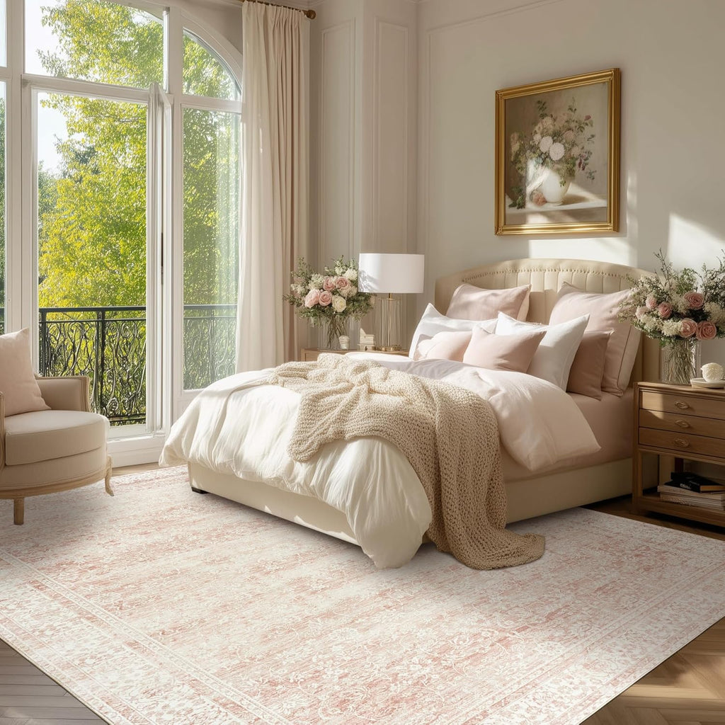Pink Area Rug for Living Room Low Pile Soft 8 x 10 Carpet with Non Slip Washable Neutral Boho Floral Rugs for Hardwood Floor Protector Extra Large Area Rugs 8x10 for Big Nursery Bedroom Livingroom