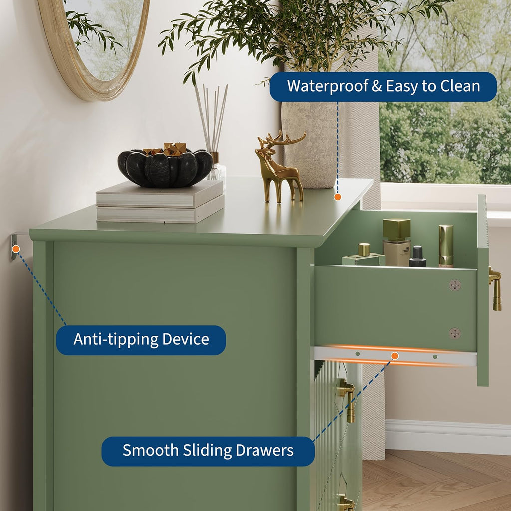 GarveeHome Fluted Dresser for Bedroom, 42.9" Tall 5-Drawer Wood Dresser, Modern Chest of Drawers, Storage Organizer Cabinet for Living Room, Hallway, Entryway, Green
