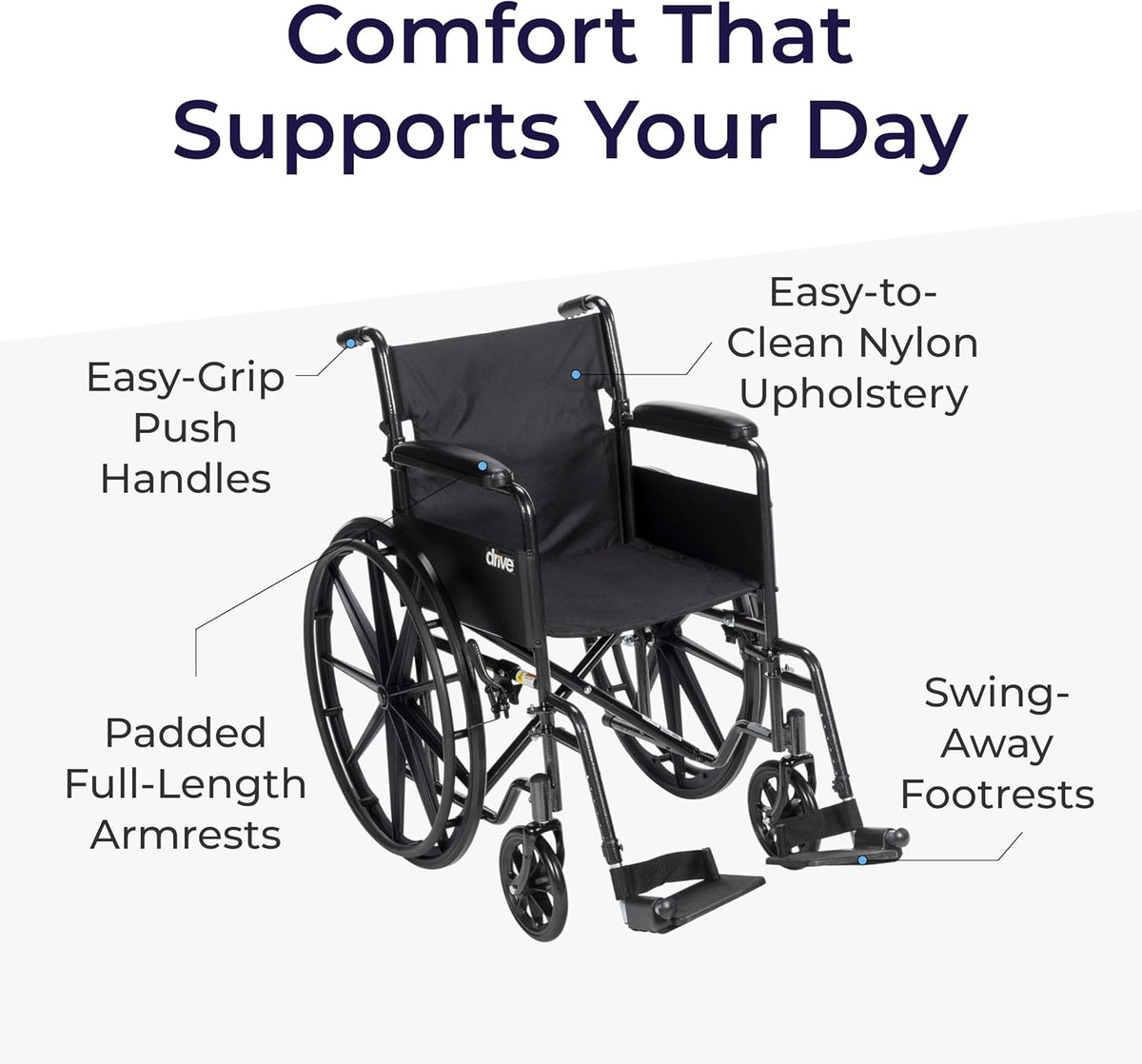 Drive Medical Silver Sport 1 Folding Transport Wheelchair - Lightweight Mobility Support - Full Armrests - Removable Swing-Away Footrests - Durable Steel Construction - Compact Folding Frame - Black