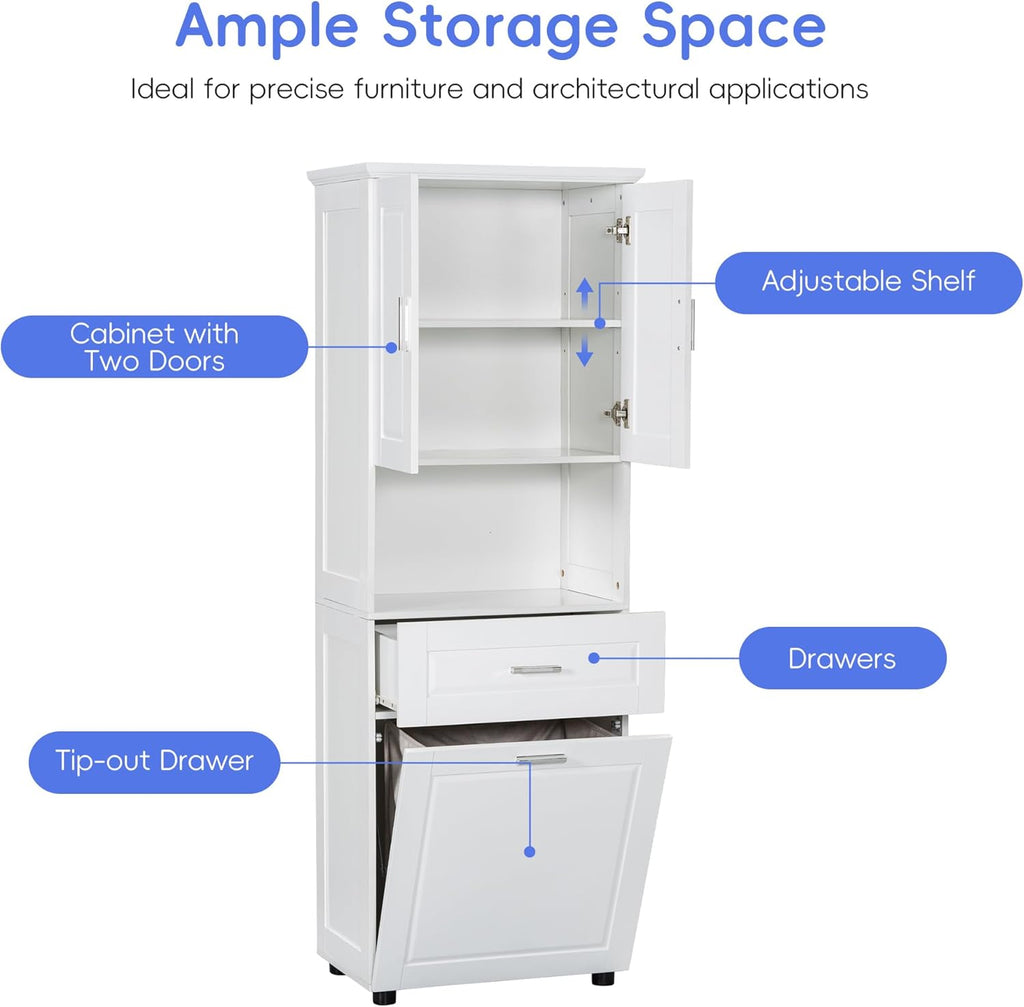 Tall Storage Cabinet, Bathroom Floor Freestanding Storage Cabinet with 2 Doors, One Drawer, and Tilt-Out Laundry Hamper for Bathroom, Office, Living Room, White