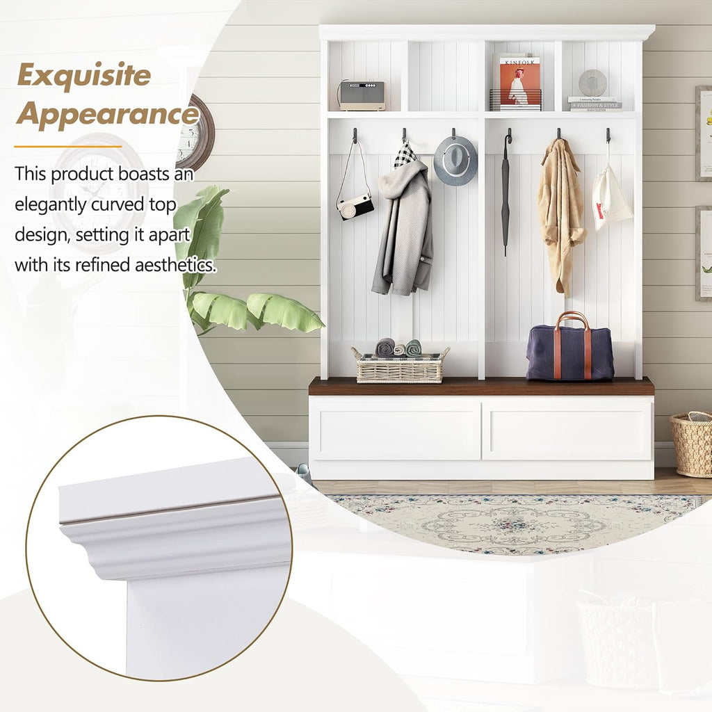 LUMISOL Mudroom Coat Rack with 2 Large Drawers, Entryway Hall Tree with Storage Bench, Farmhouse Shoe Cabinet with 6 Hanging Hooks, for Hallway, White