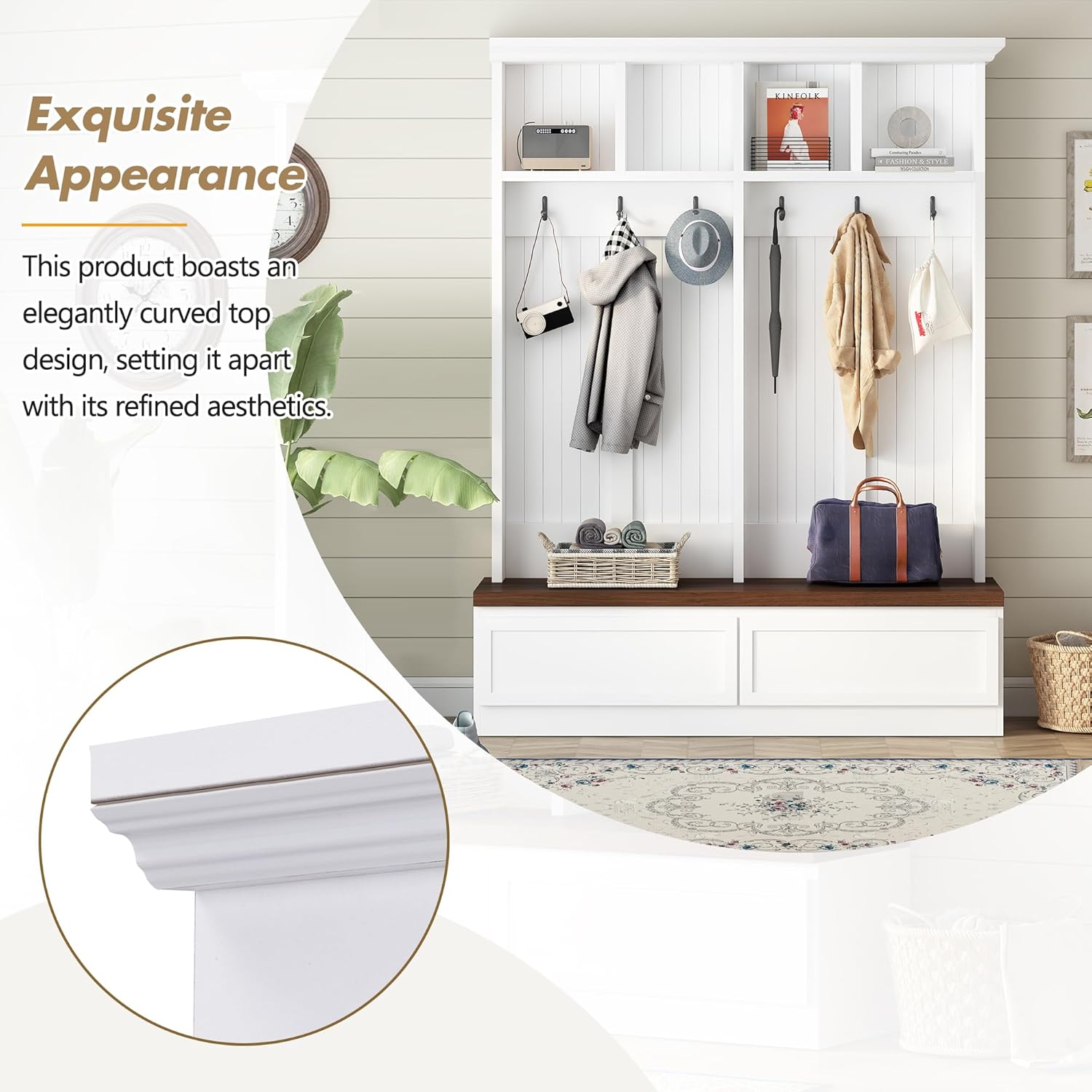 LUMISOL Mudroom Coat Rack with 2 Large Drawers, Entryway Hall Tree with Storage Bench, Farmhouse Shoe Cabinet with 6 Hanging Hooks, for Hallway, White