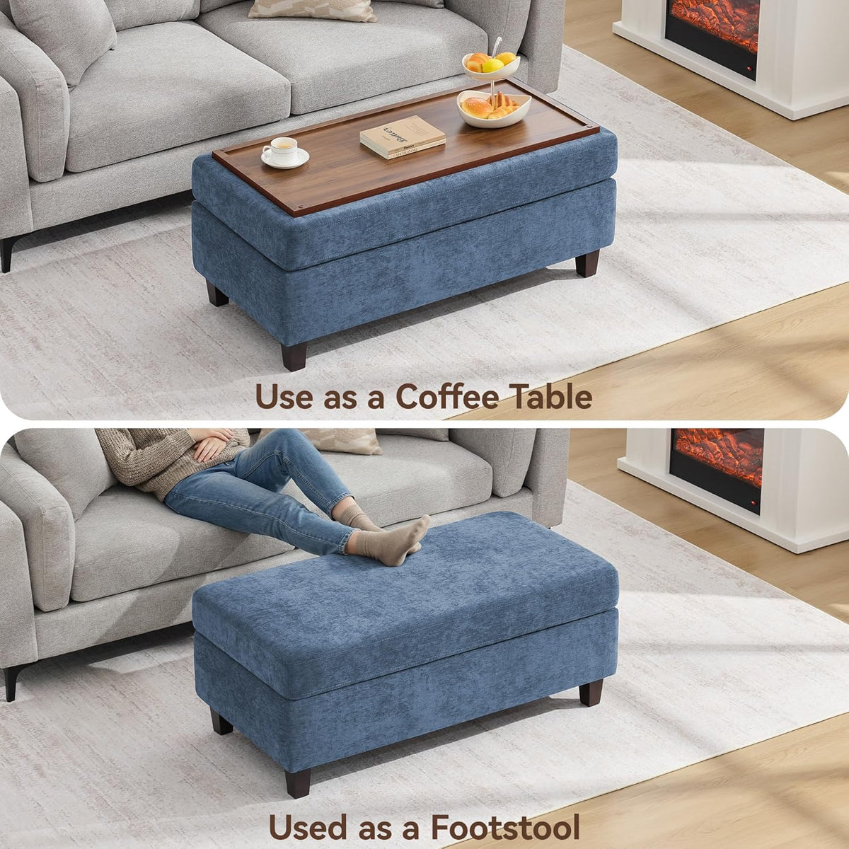 45 Inch Large Storage Ottoman Bench with Wooden Tray Coffee Table, Blue Chenille Upholstered Foot Rest, Multifunctional Foot Stool Ottoman for Living Room, Bedroom & Entryway, Solid Wood Legs