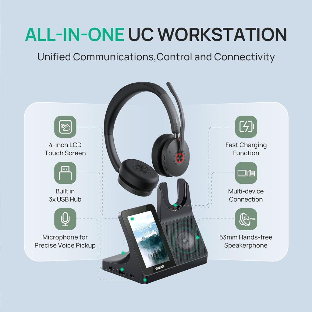 Yealink WH68 Workstation DECT Wireless Headset with 4" Touch Screen, 4 Mic Hybrid ANC, 606ft Range, All in One Workstation with Speaker, 3X USB Hub Office Headset for Desk Phone, Computer, Cellphone