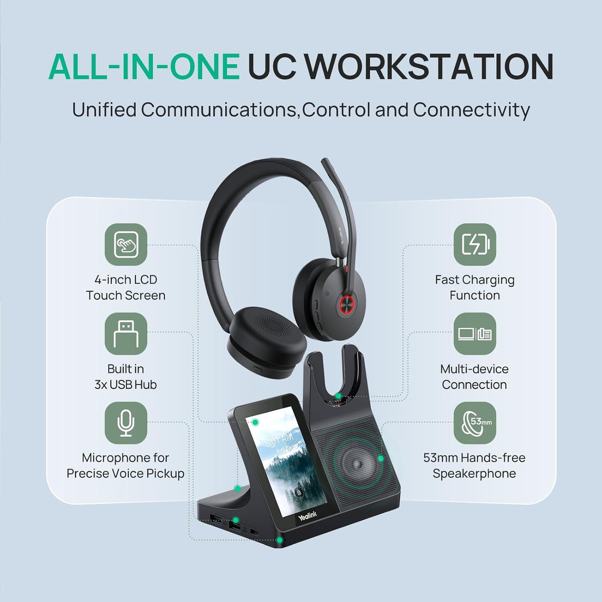 Yealink WH68 Workstation DECT Wireless Headset with 4" Touch Screen, 4 Mic Hybrid ANC, 606ft Range, All in One Workstation with Speaker, 3X USB Hub Office Headset for Desk Phone, Computer, Cellphone