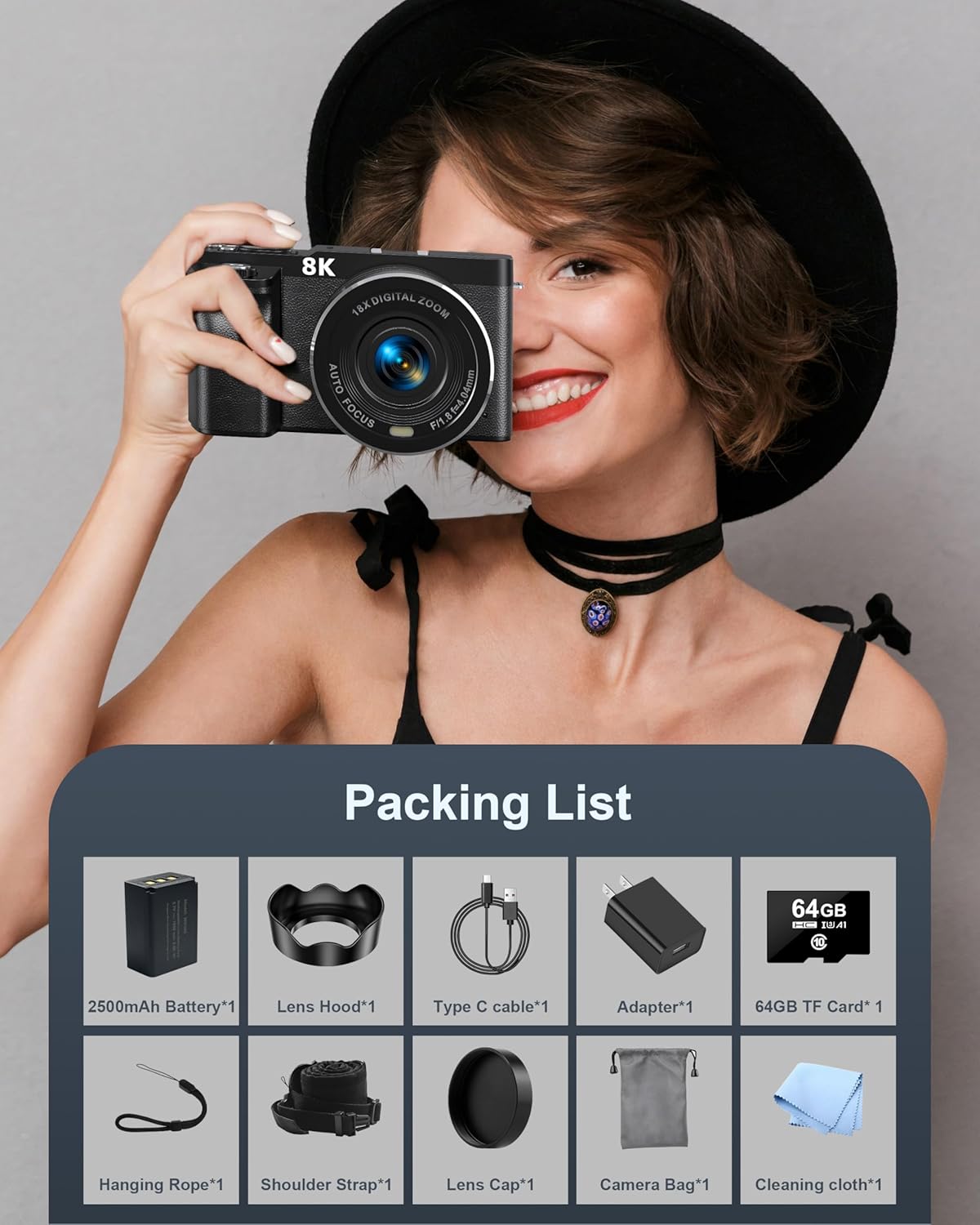 8K Digital Camera, 88MP Cameras for Photography, Vlogging Camera for YouTube with 3" 180° Flip Screen, 18X Zoom UHD Autofocus Video Camara with Lens Hood, 64GB Card