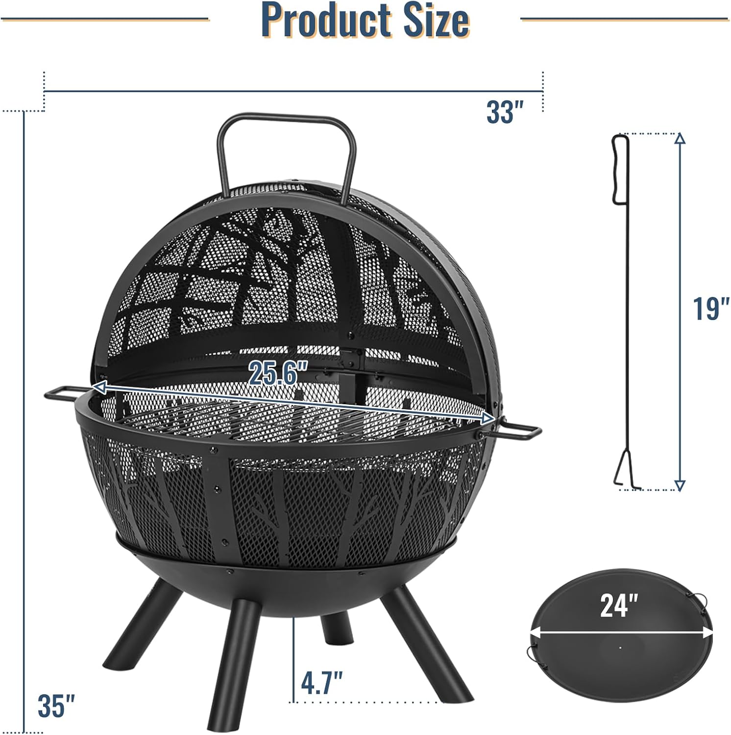 Panovue 35 Inch Wood Burning Fire Pit with BBQ Grill, Heavy Duty Fire Pits Ball for Outside with Spark Screen & Removable Ash Pan, Outdoor firepit & Fireplace for Bonfire in Garden, Yard