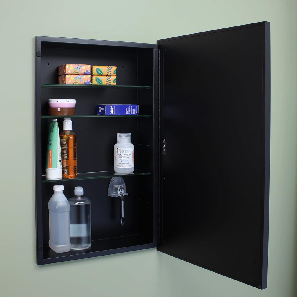 16x26 Parker Metro Metal Framed Rectangle Recessed Bathroom Medicine Cabinet, Floating Mirror, 14x24 in-Wall Opening, Steel, Adjustable Glass Shelves, Magnet Close, Black