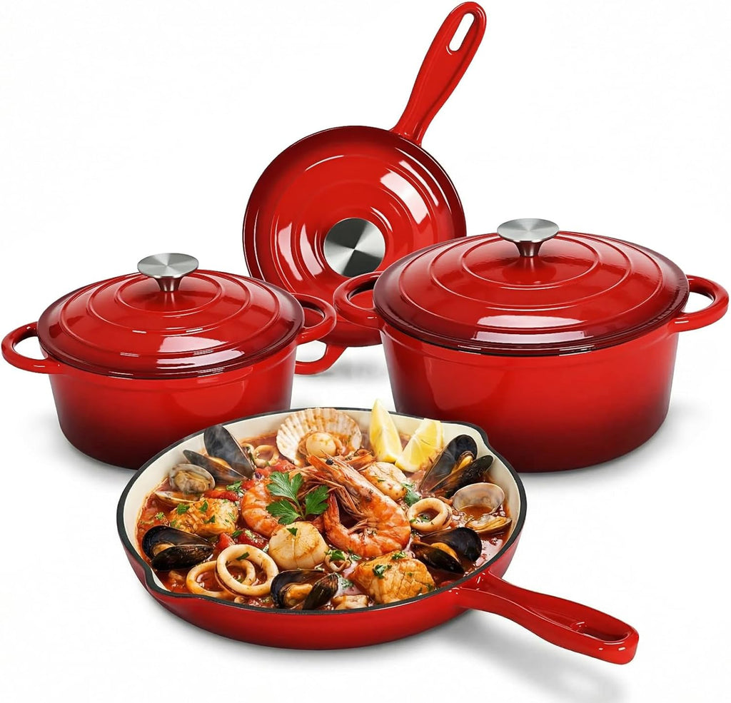 LIFERUN Nonstick Enameled Cast Iron Cookware Set, 7Pcs Pots and Pans Set, Gas/Induction Dutch Oven Set, PFOA & PFAS Free