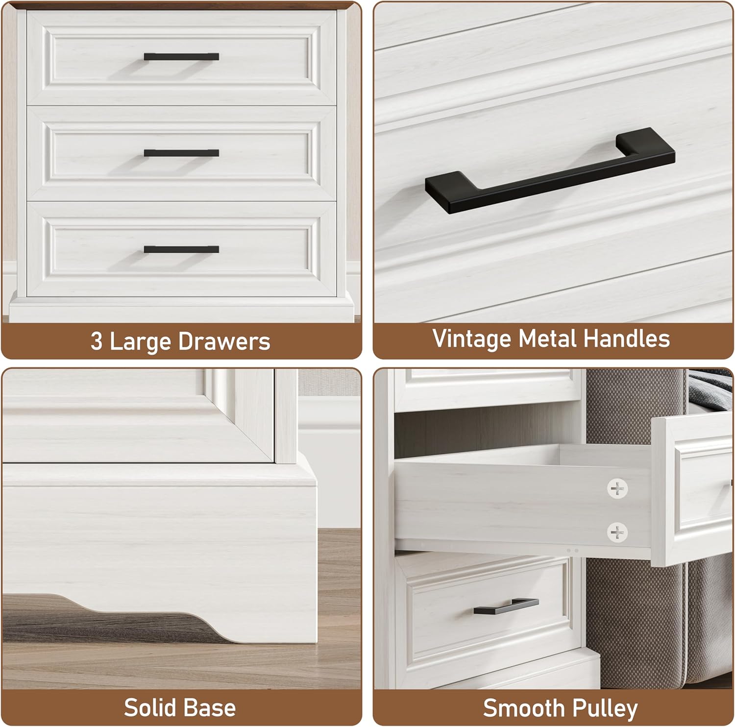 Akxomel Farmhouse Nightstand with Charging Station, 22" Wide Bedside Table with 3 Large Drawers & Bar Handles, Side End Table with Stable Support Base, for Bedroom, Off White
