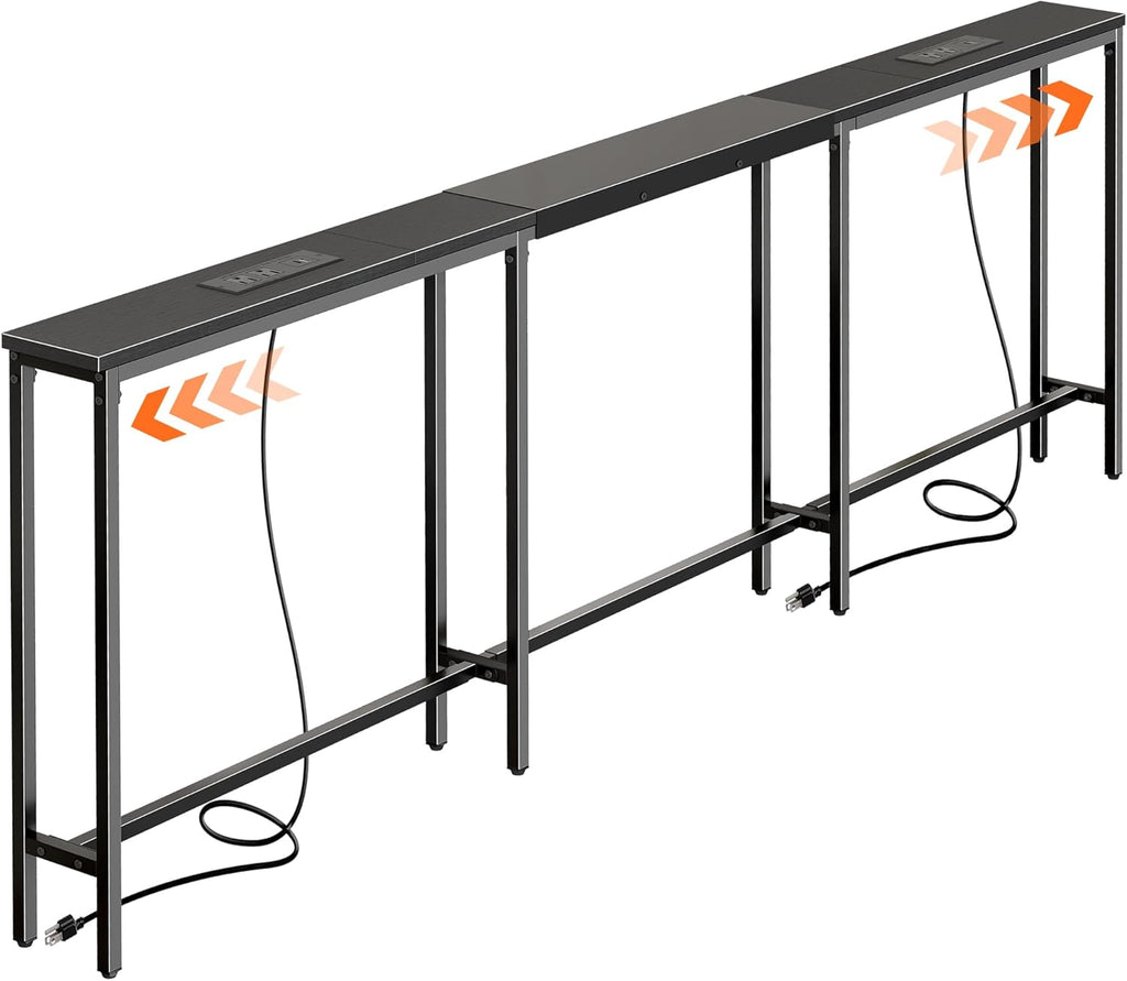 Huuger Narrow Sofa Table with 2 Power Outlets, 86.6-110.2 Inch Adjustable Length, Behind the Couch Table with USB-C Port, Long Entryway Console Table, Anti-tip Kit, for Living Room, Black
