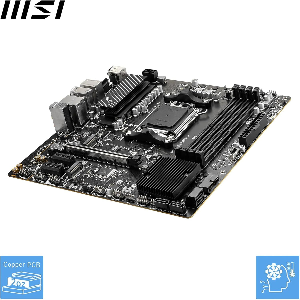 MSI Pro B650M-P AM5 mATX Motherboard, AMD B650 Chipset, 4X DDR5 Slots, 192GB Max Memory, 1x PCI-E x16, 2X M.2 Storage Slot, 4X SATA 6G, Realtek 8125BG 2.5G LAN, HDMI/DP/VGA - Black