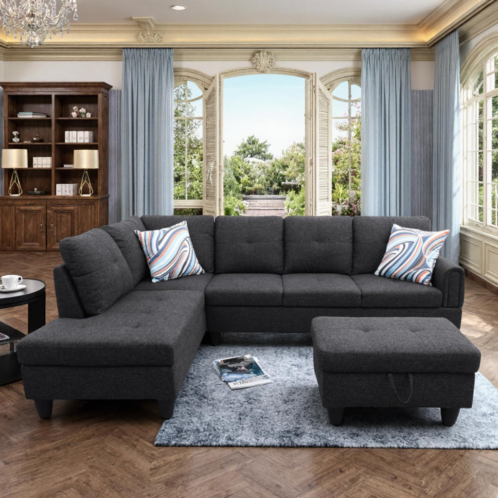 L Shaped Couch Sectional Couches with Chaise and Storage Ottoman, 3 Pieces Modular Convertible Sofa for Living Room Furniture Sets and Small Apartment, Black Grey
